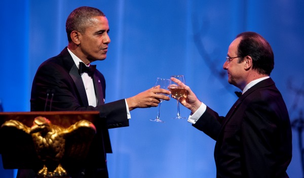 President Barack Obama and President François Hollande of France toast each other at the beginning of the State Dinner in Hollande's honor in Washington, District of Columbia, U.S., on Tuesday, Feb. 11, 2014. After an arrival ceremony on the South Lawn, Obama and Hollande met in the Oval Office for a policy meeting then gave a joint press conference in the East Room of the White House. Photo by Pete Marovich/Pool/ABACAPRESS.COM