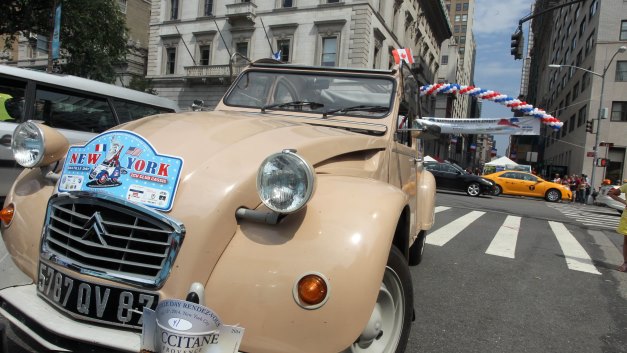 Classic car Citroen 2CV parked on 60th Street near the Bastille Day Festival where they finished their annual Bastille Day Rally around Manhattan in New York, NY on July 13, 2014. Photo by Charles Guerin/ABACAUSA.COM