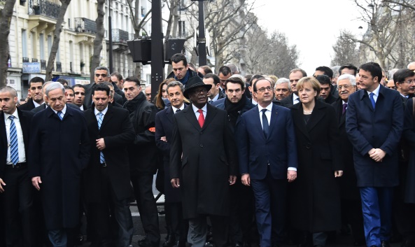 (L-R) Israeli PM Benjamin Netanyahu, Mali President Ibrahim Bobacar Keita, French President Francois Hollande, German Chancellor Angela Merkel, President of the European Council Donald Tusk, Palestinian Authority President Mahmoud Abbas and Italian PM Matteo Renzi during a silent march against terrorism in Paris, France on January 11, 2015. Several European heads of state joined the manifestation to express their solidarity following the recent terrorist attacks in France and to commemorate the victims of the attack on French satirical weekly Charlie Hebdo and a kosher supermarket in Paris. Photo by Thierry Orban/ABACAPRESS.COM