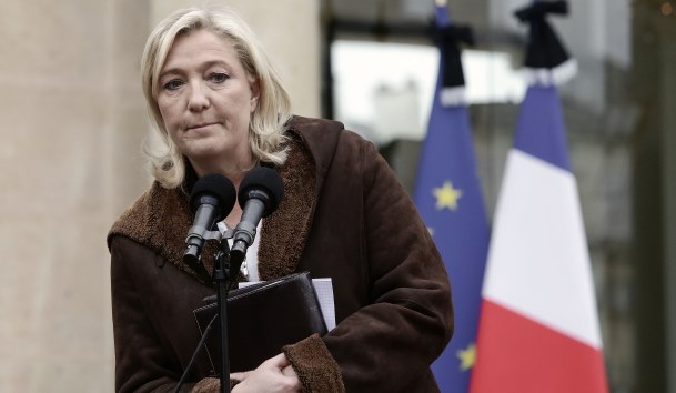 French far-right party Front National (FN) leader Marine Le Pen addresses the media after her meeting with President Francois Hollande at the Elysee Palace in Paris, France on January 9, 2015. Two days after a deadly attack that occurred on January 7 by armed gunmen on the Paris offices of French satirical weekly newspaper Charlie Hebdo. France deployed elite forces in the hunt for two brothers accused of killing 12 people in the attack, as the pair spent a second night on the run despite a huge security operation. Photo by Stephane Lemouton/ABACAPRESS.COM