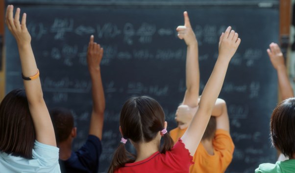 Rear view of class raising hands --- Image by © Royalty-Free/Corbis