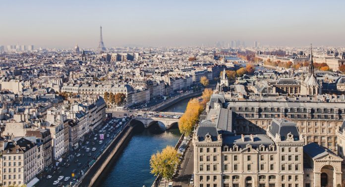 aerial view of Paris, panoramic scene of Seine river and Eiffel tower, France