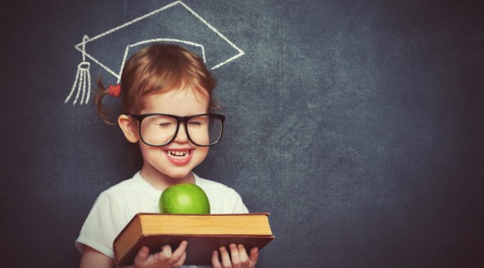 girl schoolgirl with books and apple in a school board
