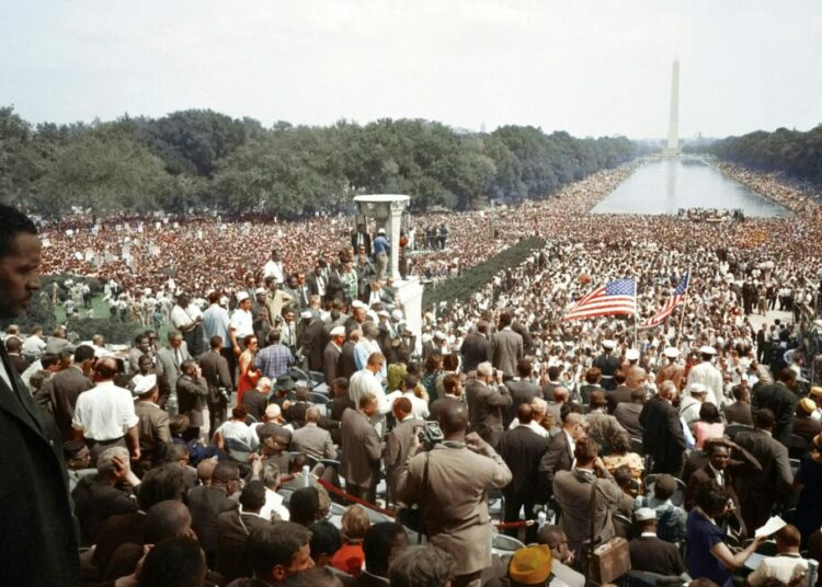 Caption reads, "[View of the huge crowd from the Lincoln Memorial to the Washington Monument, during the March on Washington]" Original black and white negative by Warren K. Leffler. Taken August 28th, 1963, Washington D.C, United States (@libraryofcongress). Colorized by Jordan J. Lloyd. Library of Congress Prints and Photographs Division Washington, D.C. 20540 USA https://www.loc.gov/resource/ds.04417/